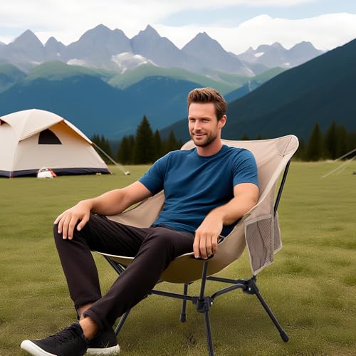 Camping Chair Portable Lightweight Camping Chairs for Adults Foldable 600D Oxford Ultralight Backpacking Chair with Breathable Mesh and Pocket for Outdoor Travel Hiking,Beige - color: Beige