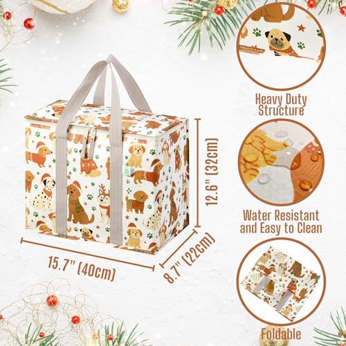 VENO 2 Pack Cooler Bag, Insulated Grocery Bags for Food Delivery, Collapsible Cooler, Reusable Shopping Bags for Groceries, Hard Bottom, Water Resistant, Zippered, Foldable (Holiday Pups, 2 Pack) - color: Holiday Pups, size: 15.7"W x 12.6"H x 8.7"D - 2 Pa