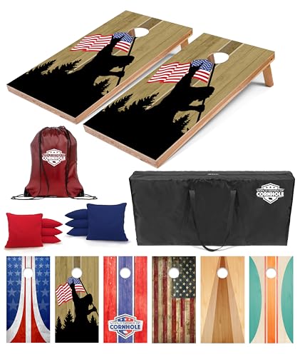 World Series of Cornhole Regulation Size Cornhole Boards – Lightweight & Durable All-Wood Construction | Backyard Bean Bag Toss Set | Rugged Outdoor Game for Tailgates, BBQs, & Backyard Battles - color: Silhouette Bigfoot Color US Flag