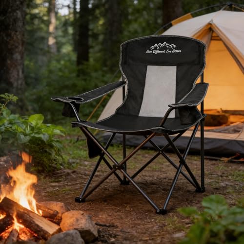 Folding Camping Chair Mesh Back Portable Breathable Outdoor Chairs with Carry Bag & Cup Holder for Camping, Beach, Fishing, Sports, Patio, Black - color: Black