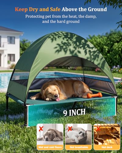 Elevated Outdoor Dog Bed with Canopy, Raised Dog Cot with Stable Adjustable Feet, Dog Camping Bed with Larger Shade, Lifted Dog Tent Bed with Canopy for Outside (Green, X-Large) - color: Green, size: X-Large