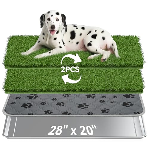 Pawaboo Stainless Steel Dog Grass Pad with Tray, 28'' x 20'' Dog Litter Box with 2pcs Reusable Artificial Grass Mats, Dogs Grasses Potty Tray with Washable Dogs Pee Pad for Balcony Indoor Outdoor Use - size: 28'' x 20''