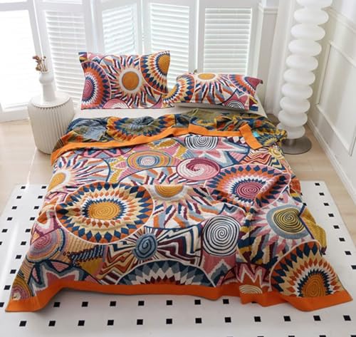 Boho Throw Blanket for Bed 100% Cotton Bohemian Blankets Ultra Soft Woven Muslin Decorative Blankets All Seasons Vintage Quilt Knitted Blanket for Sofa Chair (Colorful, 90"x98") - color: K-colorful World, size: 90"x98"
