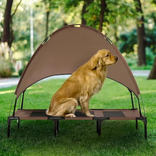 PawHut Elevated Portable Dog Cot Pet Bed with UV Protection Canopy Shade, 48 inch, Coffee - color: Coffee, size: 48 inch