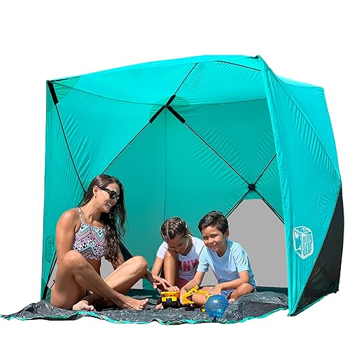 Beach Cube Pop Up Beach Tent Portable Shade Sun Shelter UPF50+ UV Protection for 4 Person Expandable Floor for Beach Fishing Hiking Camping – Aqua Color - color: Aqua Color
