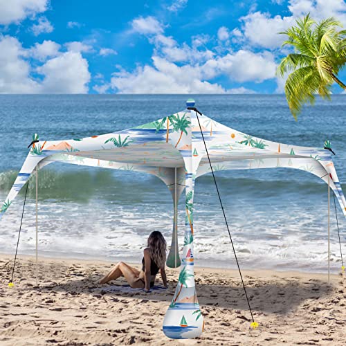 Buheco Beach Tent Pop Up Shade 10x10ft Beach Canopy Sun Shelter UPF50+ with 4 Foldable Poles-Portable Carrying Bag-Sand Shovel-Ground Pegs-Windproof Ropes for Outdoor Family Camping-Fishing- Picnic - color: Coconut Tree, size: 10x10FT 4 Pole