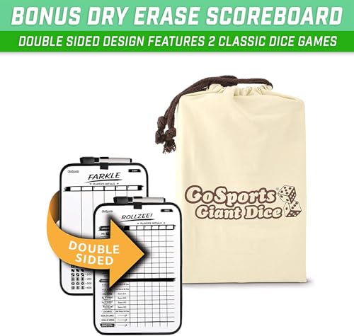 GoSports Giant Wooden Playing Dice Set with Rollzee and Farkle Scoreboard - Includes 6 Dice, Dry-Erase Scoreboard and Canvas Tote Bag - Choose 2.5 Inch or 3.5 Inch Dice) - style: 2.5 Inch Natural Wood Dice