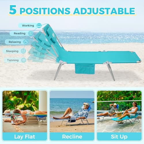 #WEJOY Folding Tanning Chair with Face Hole, 5 Positions Face Down Beach Lounge Chairs with Pillow for Outside Sunbathing Poolside (Cyan) - color: Readease-face Hole Cyan, style: ReadEase 5 Position Face Hole