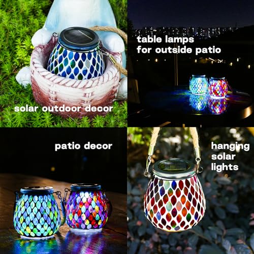 2 Pack Mosaic Blue Solar Lanterns, Outdoor Glass Hanging Lights, Waterproof, Solar Table Lamps, Christmas Gifts for Women Mom Grandma, Night Lights, Decoration for Garden, Patio, Yard, Outdoor Decor - style: 2 Pack Serene