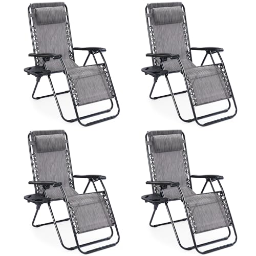 Sweetcrispy Zero Gravity Chairs, Set of 4 Portable Recliner Beach Camping Patio Outdoor Folding Lounge Chair with Cup Holder Trays and Adjustable Pillow for Poolside, Garden, Backyard, Lawn (Grey) - color: Grey-4p