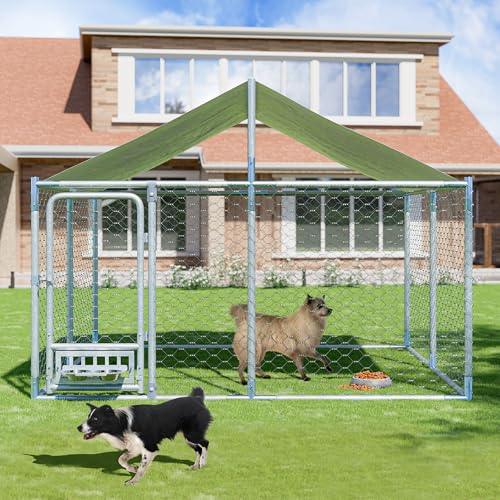 7.5 FT Large Outdoor Dog Kennel with Roof, Dog Enclosure w/Rotating Feeder, Heavy Duty Dog Run Playpen with 2 Stainless Bowls, Galvanized Pet House w/Secure Lock, Wateproof Cover - size: 90"×90"×63"-w/rotating feeders