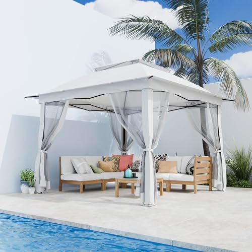 11'X11' Gazebo Pop Up with 4 Sidewalls Mosquito Netting, Heavy Duty Patio Gazebo Canopy Tent with Double Air Roofs for Backyards, Patios, Decks, Gardens, Parks - color: White Top