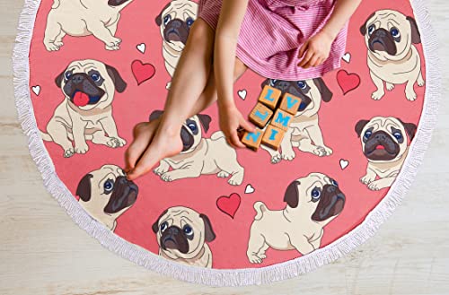 Benefeet Sox Beach Towel Large Round Mandala Pool Towels Tassels Microfiber Quick Dry Beach Blanket Throw Bohemian Roundie Swim Pool Circle Towel, 59 Inches - color: Heart Pug Dog, Pink
