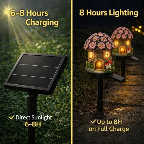 Solar Pink Floral Cottage Lights Outdoor, 2 Pack Waterproof Fairy Garden Pathway Lights, Hand-Painted Resin Flower House Decor for Yard Lawn Patio, Gift for Garden Lovers - style: Pink Floral Fairy Cottage