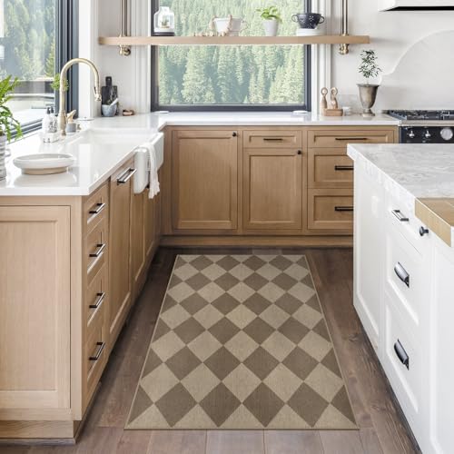 Rugalia Easy Jute Checkered Entryway Rug, 2.6x4 Brown Modern Indoor Outdoor Doormat, Washable Non-Slip Neutral Kitchen Rug Farmhouse Diamond Throw Rugs for Entrance Bedroom Bathroom - color: Brown Checkered, size: 2.6' X 4' (Rectangular)