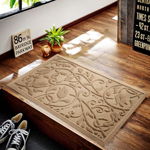 Boho Beige Floral Leaves Outdoor Indoor Entrance Doormats, Absorbent Durable Heavy Duty Welcome Front Door Mat,Thick Natural Rubber Back,Easy Clean Entryway Mat 17x30 Inch, Low Profile - color: Tulip-beige, size: 1'5" x 2'6" (Rectangular)