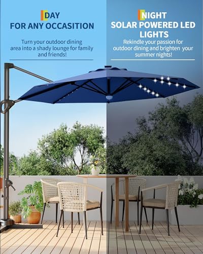 9ft Outdoor Patio Umbrella Heavy Duty 8 Ribs, Waterproof UV Protection Sun Shade with Crank Lift & Push Button Tilt, Outdoor Umbrella for Deck, Pool, Garden, Backyard, Lawn - color: Navy Blue&Round-Lights, size: 10FT Roman