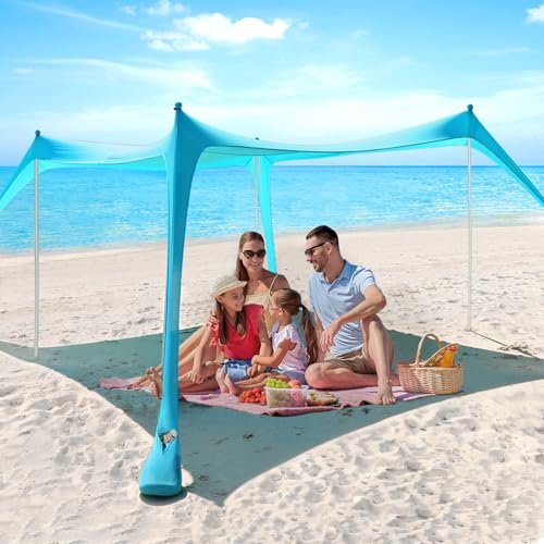 Beach Tent - 10 x 10 FT Beach Canopy, Outdoor Shade Canopy for Camping, Portable Beach Tent Sun Shelter UPF50 with 4 Sandbags, Anti-Wind Ropes, Ground Pegs and Stability Poles, Light Blue - style: 10*10 FT 4 Pole-Light Blue