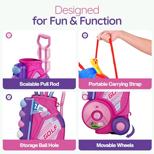 Toddler/Children Golf Set for Kids Ages 2,3,4,5 Years Old – Fun Indoor & Outdoor Golf Toy with Cart, 4 Clubs, 8 Balls & 2 Practice Holes – Sports Kit for Boys and Girls (Pink)
