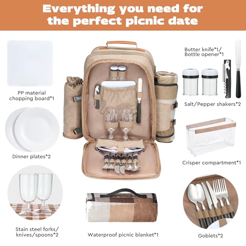24L Insulated Picnic Basket Leak Proof Picnic Backpack for 2, Light Brown Camping Gifts, Cool Bridal Shower Gifts for Bride & Groom, Mr & Mrs, Anniversary Engagement Wedding for Newly Engaged Couples