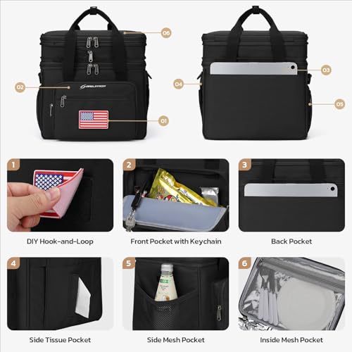 Maelstrom Lunch Box, 23L Insulated Lunch Bag, Expandable Double Deck Cooler Bag, Lightweight Leakproof Tote Bag With Side Tissue Pocket, Suit For Men and Women (F Black with DIY Hook-and-Loop) - color: F Black with DIY Hook-and-Loop