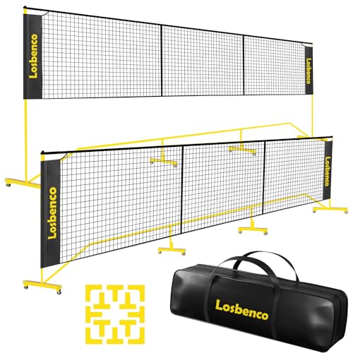 Losbenco Pickleball Net with Wheels Court Lines, Metal Frame & Regulation Size 22FT, 6-in-1 Adjustable Portable Net for Playing Pickleball, Tennis, Volleyball & Soccer Backyard Games - color: Yellow