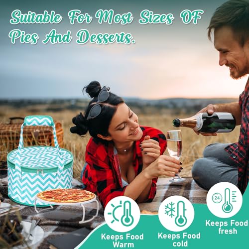 Pickmesh Round Pie Carrier 12 x 7 Inch Insulated Casserole Carriers with Lid and Detachable Handle for Hot or Cold Food Cake Transport Thanksgiving Christmas Gift(Cyan White Zigzag) - color: Cyan White Zigzag