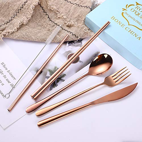 AARAINBOW 6 Pieces 18/8 Stainless Steel Flatware Set Portable Reusable Cutlery Set Travel Utensils Set Including Chopsticks Knife Fork Spoon Straws Cleaning Brush Dishwasher Safe (Rose Gold) - color: Rose Gold