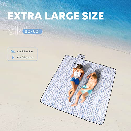 ZAZE Beach Blanket Picnic Blankets Waterproof Sandproof with Stakes, Thick 3-Layer 80 * 80 Oversized Mat, Extra Large Big Machine Washable, Foldable Accessories Outdoor Camping Park (Blue White) - color: Blue and White With Stake