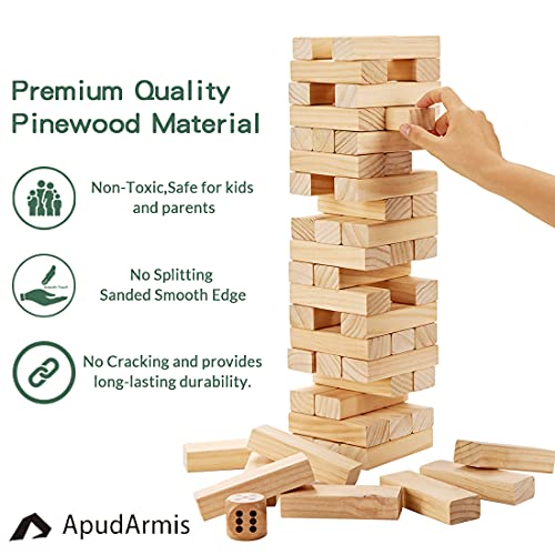 ApudArmis 54 PCS Tumble Timber Set [Up to 3.2FT], Pine Wooden Tumble Tower Game with Dice and Scoreboard Set - Classic Block Stacking Board Game for Teens Adults - color: Burlywood, size: M-Stack to 3.2 FT
