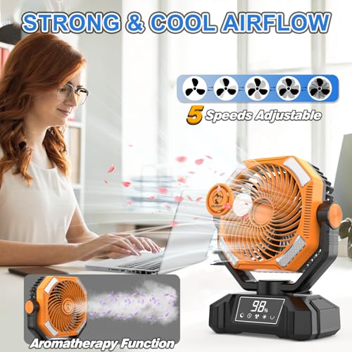 Multper 20000mAh Camping Fan, Up to 65H Long Runtime Battery Powered Fan with 5 Speeds, Oscillating Rechargeable Portable Fan with LED Lantern & Remote, Personal Tent Fan for Jobsite, Fishing, RV - size: 20000mah