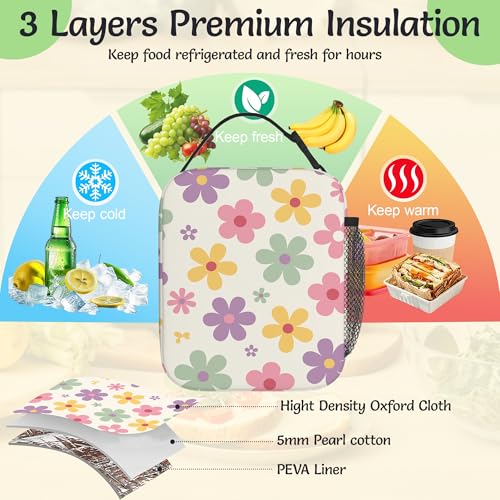 70s Groovy Flowers Lunch Box for Men,Colorful Floral Lightweight Reusable Lunch Bag for Girls Boys,Portable Insulated Small Cooler Bag for Picnic,Travel,School,Office - color: 70s Groovy Flowers