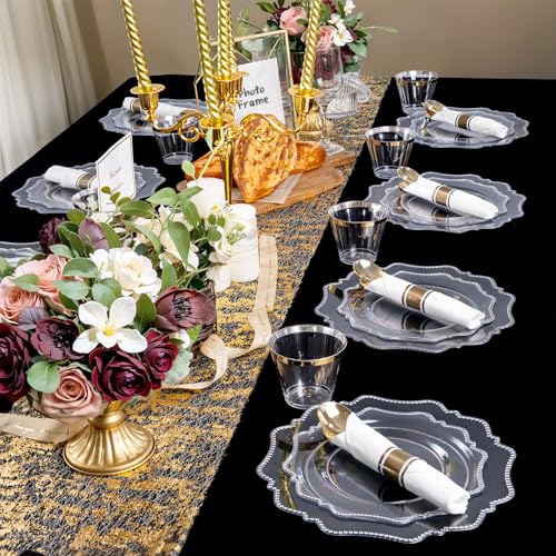 COLOSUS 350pcs Clear Plastic Plates Disposable Gold Cutlery Dinnerware set for party: 50 Dinner Plate, 50 Dessert Plate, 50 Per Rolled Napkins with Gold Silverware, 50 Cups 9 OZ for Thanksgiving - color: Clear