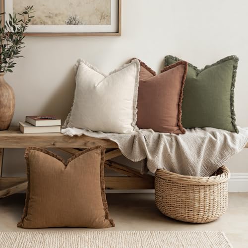 MIULEE Decorative Couch Pillow Covers Neutral Linen Fringe Throw Pillows Set of 4 Soft Rustic Cushions Boho Farmhouse Pillowcases for Bed Sofa Living Room Spring Decor 20x20 Inch Beige/Brown/Green - color: Brown Green, size: 20" x 20" (Pack of 4)