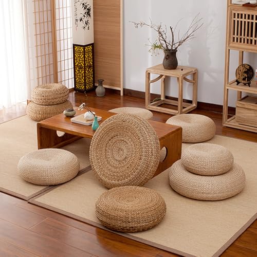 Round Woven Floor Pillow,Straw Flat Seat Cushion,Handmade Floor Pouf Mat,Natural Seat Cushion Boho Living Room Decor(Size:Large,Color:Style 1) - color: Style 1, size: Large