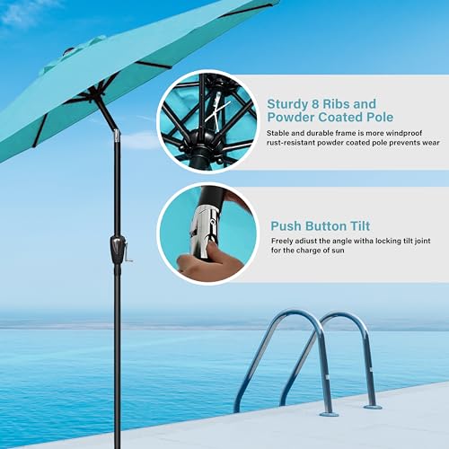 HealSmart 9ft Patio Umbrella with Push Button Tilt/Crank, Outdoor Table Market Yard Umbrella with 8 Sturdy Ribs for Garden, Backyard, Deck, Pool, Turquoise - color: Turquoise, size: 9FT