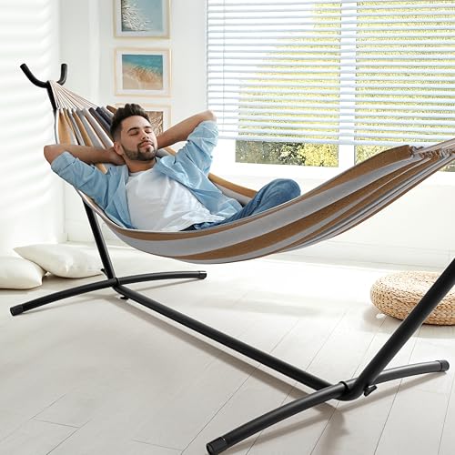 Sorbus 2-Person Hammock with Stand – 60" Cotton Blend Bed, Heavy Duty 450lbs Capacity, Portable with Carrying Case – for Garden, Patio, Outdoor, Camping, Gifts – Washable - color: Desert-brown Blue