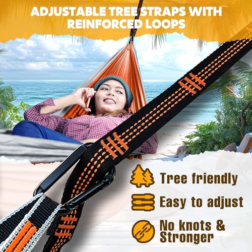NATUREFUN Ultra-Light Travel Camping Hammock | 300kg Load Capacity,Breathable,Quick-Drying | 2 x Premium Carabiners,2 x Nylon Slings Included | Outdoor Indoor Garden - color: Orange/Grey, size: 275x140cm