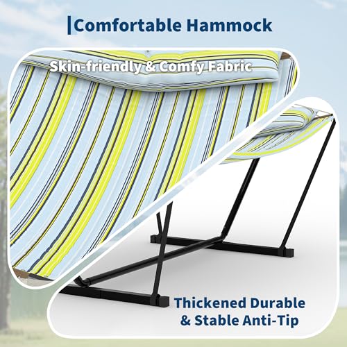 2 Person Double Hammock with Adjustable Steel Stand & Pillow, Heavy Duty Portable Outdoor Hammock Set, MAX 450 LBS Weight Capacity for Patio, Garden, Beach, Backyard - color: V-light Blue-green Striped