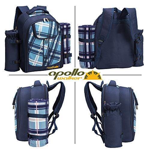 Apollo Walker Picnic Backpack Bag for 2 Person with Cooler Compartment, Detachable Bottle/Wine Holder, Fleece Blanket, Plates and Cutlery (Blue) - color: Blue, size: 2 Person