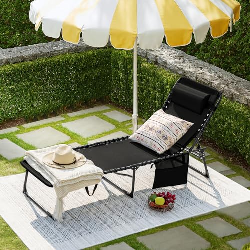 Flamaker Foldable Chaise Lounge Chair 5-Position Adjustable, Tanning Chair with Side Pocket, Outdoor Sunbathing for Pool, Beach, Patio, Lawn, Indoor Recliner Chair for Napping(Black, 1 Pcs) - color: Black, style: Normal, 1 Pcs