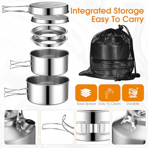 Funnymoom 15 Pcs Camping Cookware Mess Kit Outdoor Cooking Set Stainless Steel with Pot and Pan Kit 2 Set Stainless Steel Cups Plates Forks Knives Spoons for Camping Backpacking Cooking Picnic