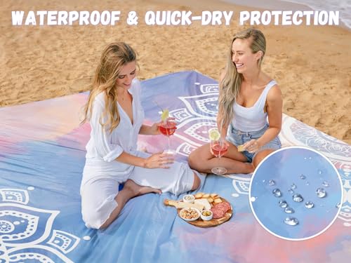 AlphaBeing Beach Blanket Waterproof Sandproof, Extra Large Beach Mat for 1–8 Adults, Oversized Picnic Blanket with 4 Stakes & Storage Bag, Essential Beach Gear for Travel - color: Mandala, size: 79“×83”