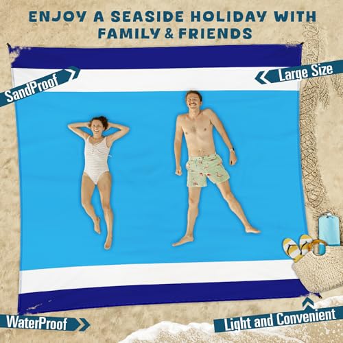 Beach Blanket 78''×110'' Suits 1-7 Adults Waterproof Sandproof Oversized Lightweight Blanket Packable Large Picnic Mat for Beach Travel Camping Picnic Hiking - color: Blue White, size: 78''x110''
