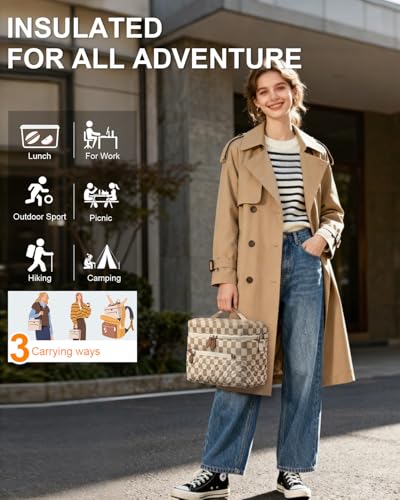 Capolo Lunch Box for Women Men Adults,Insulated Lunch Bag Leakproof Lunch Cooler Box with Removable Strap Cute Lunch Tote Bags Reusable Thermal Lunchbox for Work Picnic(Small,Khaki Checkered) - color: Khaki Checkered, size: Small