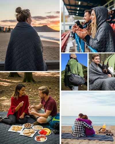 DUKUSEEK Hooded Outdoor Stadium Blanket, Extra Large 79" x 59" Waterproof Camping Blanket, Quilted, Thick Fleece, Warm, Windproof, Sand Proof, Portable, Perfect for Travel,Sports