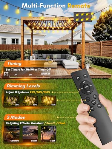 30FT Solar String Lights Outdoor Waterproof, 10+1 LED Solar Powered Lights with Remote Control, 3 Light Modes & Dimmable, USB-C Charging for Patio, Backyard, Garden, Camping - size: 30FT