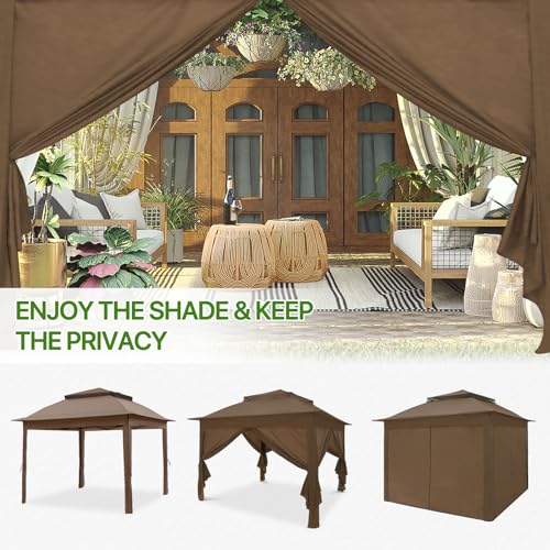 COOS BAY 11x11 Pop Up Gazebo with 4 Sidewalls, Instant Outdoor Canopy Tent with UPF 50+ UV Protection, Water Resistant Shelter with Carry Bag, Stakes & Ropes, Brown - color: Brown