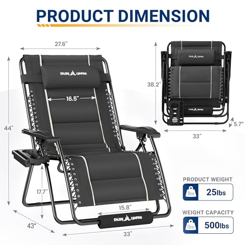 UDPATIO Oversized Zero Gravity Chair Outdoor, Anti Gravity Patio Padding Chairs Folding Adjustable with Cup Holder, Foot Pad & Padded Headrest, Supports 500lbs,Grey/XXL,33in/1PC - color: Grey/Xxl, style: 33in/1PC