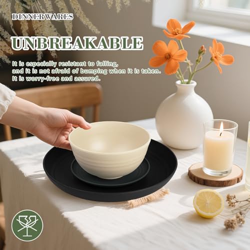 Wrova 32-Piece Wheat Straw Dinnerware Sets for 8, Dishwasher Safe Unbreakable Kitchen Bowls and Plates Sets with Cups, Alternative to Plastic Dish Sets for Camping, Dorm, R.V. Black & Grey - color: Black to Grey, size: 32 Pack